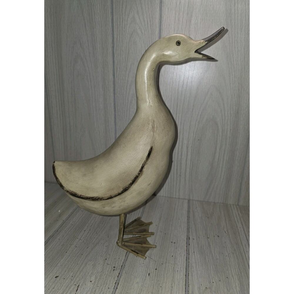 Vintage Wood Duck Goose Figurine 14" Metal Webbed Feet Farmhouse Heritage Read